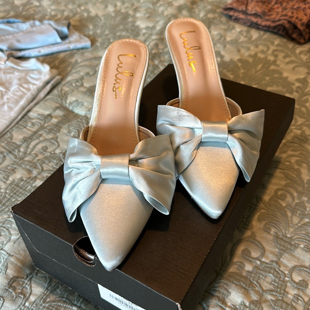 Lyle Light Blue Satin Pointed-Toe Mules Heels